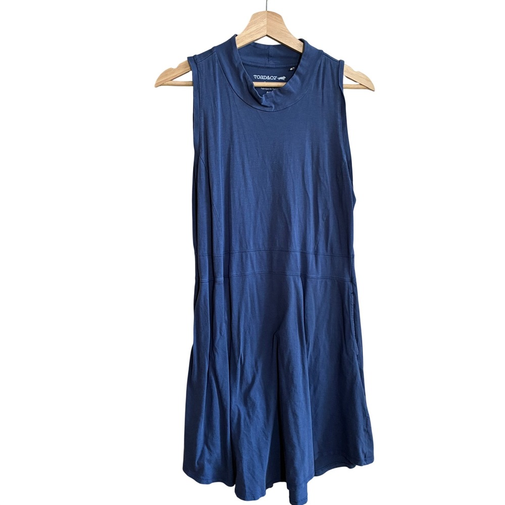 Toad&Co Sleeveless Mock Neck Dress Large Blue Womens Organic Cotton Modal Pocket